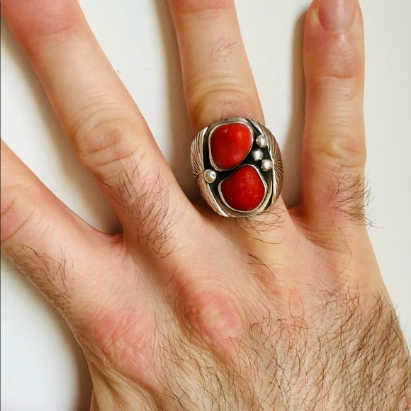 W. J. Johnson Other - *SOLD* Vintage Navajo Sterling Coral Men’s Ring